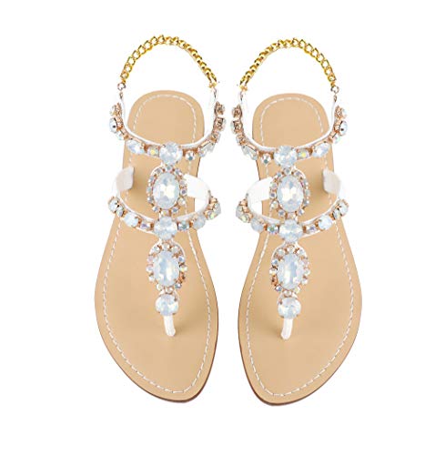 ZhuLinFeng Damen Strass Gladiator Sandalen Flach Hochzeit Sandalen Edelstein Perle Funkelnde Braut Brautjungfer Sandalen Blau Böhmische Sandalen, Weiß-2#, 43 EU von ZhuLinFeng