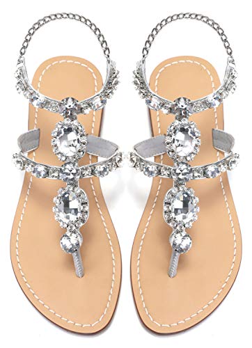ZhuLinFeng Damen Strass Gladiator Sandalen Flach Hochzeit Sandalen Edelstein Perle Funkelnde Braut Brautjungfer Sandalen Blau Böhmische Sandalen, silber, 38.5 EU von ZhuLinFeng