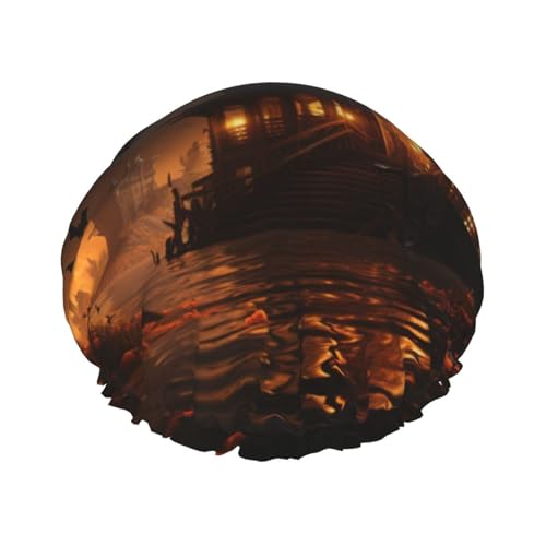 Halloween Mond Fledermaus Kürbis Druck Stilvolle Duschhaube Wiederverwendbare Duschhaube Frauen Große Duschhaube für Zöpfe Lange Haare von Zhuanyun