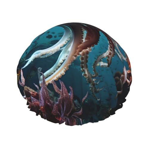 Robbenwal-Oktopus-Fisch-Druck, stilvolle Duschhaube, wiederverwendbare Duschhaube, Damen, große Duschhaube für Zöpfe, langes Haar von Zhuanyun