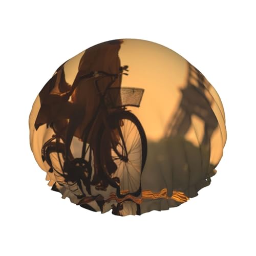 Romantischer Paris Eiffelturm Fahrrad Druck Stilvolle Duschhaube Wiederverwendbare Duschhaube Frauen Große Duschhaube für Zöpfe Lange Haare von Zhuanyun
