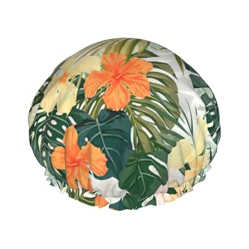 Vegetation Leaves with Hibiscus Flowers Print Stylish Shower Cap Reusable Shower Cap Women Large Shower Cap for Braids Long Hair von Zhuanyun