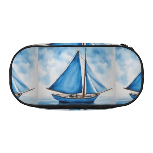 Zhuanyun Blaues Federmäppchen mit Segelboot-Aufdruck und Reißverschlussfach, Schreibwaren-Federmäppchen, Bürobedarf-Aufbewahrungsbox von Zhuanyun