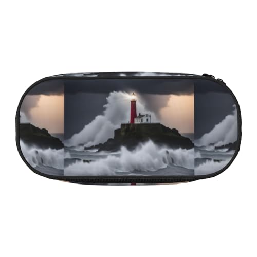 Zhuanyun Federmäppchen mit Aufdruck "Lighthouse In Storm" mit Reißverschlussfach, Schreibwaren-Federmäppchen, Bürobedarf-Aufbewahrungsbox von Zhuanyun