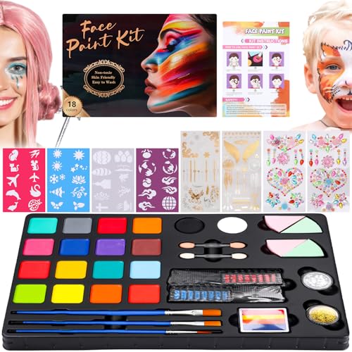 Kinderschminke Set 20 Farben Komplettset Gesichtsfarbe Kinderschminken mit 40 Schablonen, Strasssteinen & Berufs-Pinsel für Fasching, Karneval & Kinderpartys von Zhufas