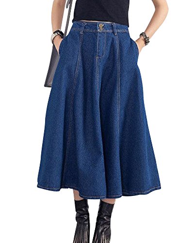 Damen Jeansrock Denim Jeans Rock Plisseerock Lang Faltenrock A-Linie Damenrock Dunkelblau M von ZhuiKun