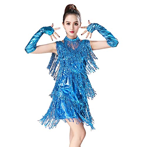 ZhuiKun 3Pcs Damen Tanzkostüm Set, Kleid mit Fransen + Halsband + Handschuhe, V-Ausschnitt Armellose Paillettenkleid Quasten Tanzkleid - Blauer See,L von ZhuiKun