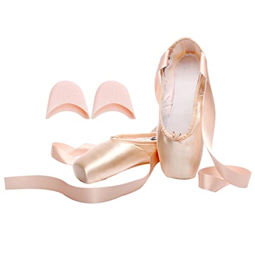ZhuiKun Ballett Spitzenschuhe Satin Professionelle Tanzschuhe mit Aufgenähten Bändern und Spitzenschoner für Damen Mädchen - Satin (Silikon Zehenschutz), CN 40 (EU 39) von ZhuiKun