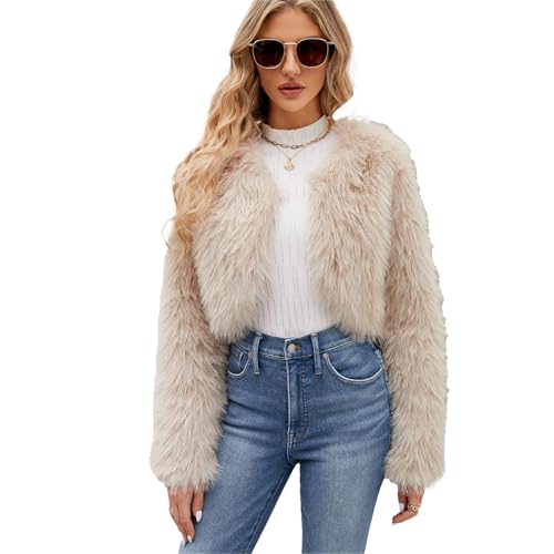 ZhuiKun Damen Bolero Langarm Winterjacke Kurz Kunstpelz Mantel Crop Jacke Kunstfell Wintermantel - Beige, L von ZhuiKun