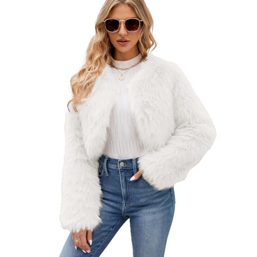 ZhuiKun Damen Bolero Langarm Winterjacke Kurz Kunstpelz Mantel Crop Jacke Kunstfell Wintermantel - Weiß, M von ZhuiKun