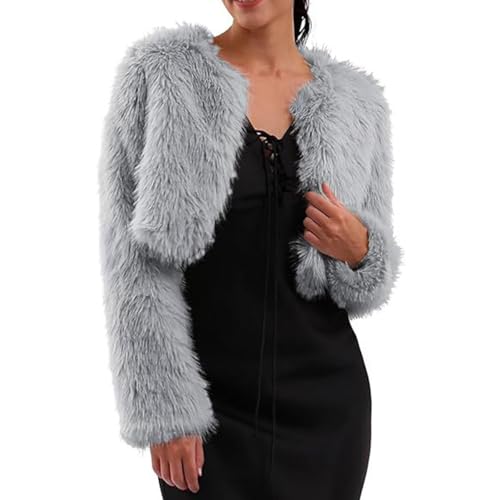 ZhuiKun Damen Kunstfellmantel Winterjacke Langarm Wintermantel Crop Jacke Plüsch vorne offen Cardigan - Grau, XL von ZhuiKun