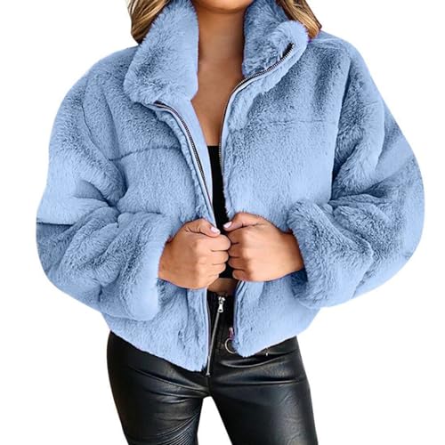 ZhuiKun Damen Kunstpelz Jacke Winter Warme Winterjacke Kurze Reißverschluss Revers Plüsch Mantel Plüschjacke Winterjacke Pelzmantel Casual Cardigan Parka Outwear - Blau, 3XL von ZhuiKun