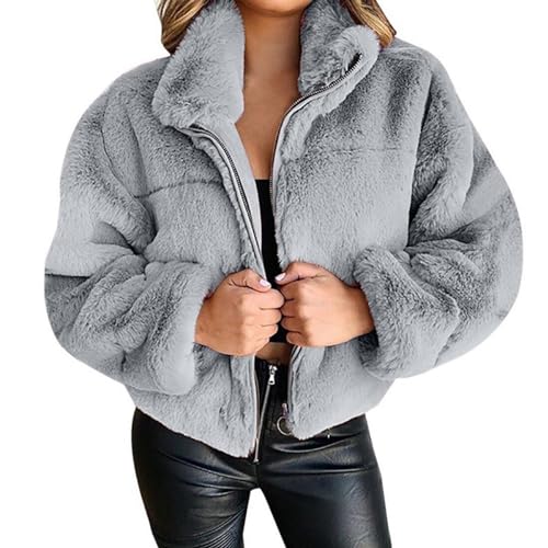 ZhuiKun Damen Kunstpelz Jacke Winter Warme Winterjacke Kurze Reißverschluss Revers Plüsch Mantel Plüschjacke Winterjacke Pelzmantel Casual Cardigan Parka Outwear - Grau, S von ZhuiKun