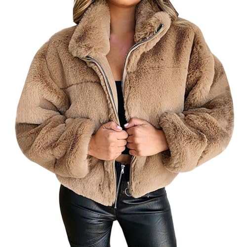 ZhuiKun Damen Kunstpelz Jacke Winter Warme Winterjacke Kurze Reißverschluss Revers Plüsch Mantel Plüschjacke Winterjacke Pelzmantel Casual Cardigan Parka Outwear - Khaki, L von ZhuiKun