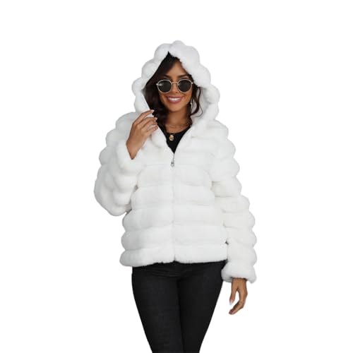 ZhuiKun Damen Kunstpelz Mantel Fellmantel Kunstpelz-Jacke Einfarbig Reißverschluss Warme Flauschige Winterjacke Kapuzenmantel - Weiß, M von ZhuiKun