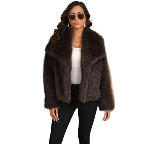 ZhuiKun Damen Kunstpelz Mantel Kurze Felljacke Pelz Winterjacke Langarm Lapel Kunstfell Einfarbig Plüschmantel Pelzmantel - Dunkel Kaffee, S von ZhuiKun