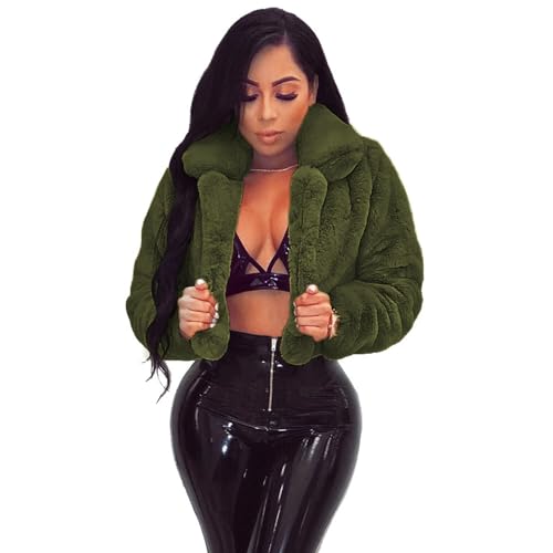 ZhuiKun Damen Kunstpelz Mantel Kurze Winter Warme Plüschjacke Winterjacke Offener Front Strickjacke Parka Plüschjacke Pelzmantel Faux Pelz Kunstfell Pelzmantel Outwear - Armeegrün, XL von ZhuiKun