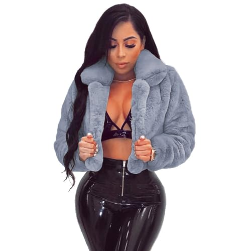 ZhuiKun Damen Kunstpelz Mantel Kurze Winter Warme Plüschjacke Winterjacke Offener Front Strickjacke Parka Plüschjacke Pelzmantel Faux Pelz Kunstfell Pelzmantel Outwear - Grau, L von ZhuiKun