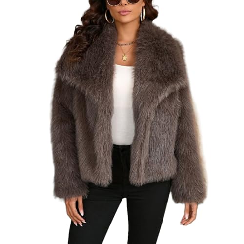 ZhuiKun Damen Kunstpelz Mantel Kurzer Felljacke Faux Pelz Winterjacke Kunstfell Einfarbig Dicker Parka Wintermantel - Kaffee, XXL von ZhuiKun