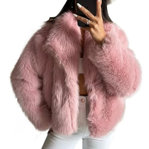ZhuiKun Damen Kunstpelz Mantel Kurzer Felljacke Faux Pelz Winterjacke Kunstfell Einfarbig Dicker Parka Wintermantel - Rosa, S von ZhuiKun