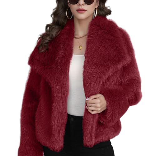 ZhuiKun Damen Kunstpelz Mantel Kurzer Felljacke Faux Pelz Winterjacke Kunstfell Einfarbig Dicker Parka Wintermantel - Weinrot, 3XL von ZhuiKun