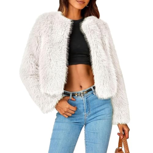 ZhuiKun Damen Winterjacke Plüsch Warm Wintermantel Winter Kunstfell Pelzmantel Felljacke Cropped Outerwear Rundhalsausschnitt Cardigan - Weiß, M von ZhuiKun