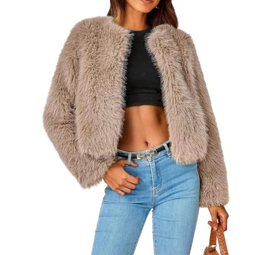 ZhuiKun Damen Winterjacke Plüsch Warm Wintermantel Winter Kunstfell Pelzmantel Felljacke Cropped Outerwear Rundhalsausschnitt Cardigan - Khaki, L von ZhuiKun