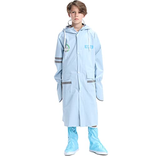 ZhuiKun Kinder Regenmantel mit Kapuze Reflektoren Regenanzug Jungen Mädchen Regenponcho Wasserdicht Regenjacken - Hellblau,L von ZhuiKun