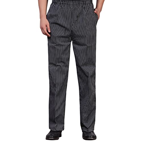 ZhuiKun Kochhose Herren Damen Bundhose Gestreift Bäckerhosen Hotelküche Elastische Taille Arbeitshose mit Tasche, Kordelzug- Schwarz Weiß Streifen, L von ZhuiKun