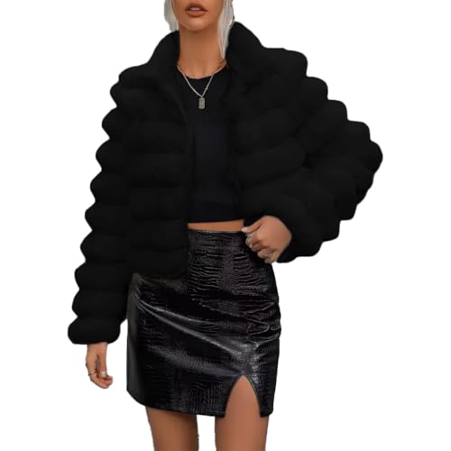ZhuiKun Kunstpelz Mantel Damen Winterjacke Kurz Fellmantel Übergangsjacke Einfarbige Langarm Warme Wintermantel - Schwarz, XXL von ZhuiKun