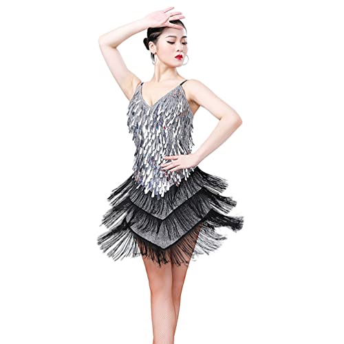 ZhuiKun Tanzkleid mit V-Ausschnitt und Quaste für Damen Pailletten Fransen Kleid Latin Tango Cha Cha Tanzkostüm Einstellbar Dancewear - Schwarz Silber von ZhuiKun