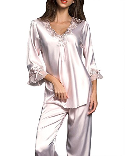 ZhuiKunA Damen V-Ausschnitt Pyjama Set Langarm Nachtwäsche Casual Nachtwäsche Anzug Hell Pink M von ZhuiKunA