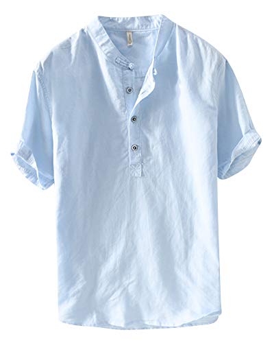 Hemden,Herren Kurze Ärmel Shirt Taste Einfarbig Leinen Tops Himmelblau XL von ZhuikunA