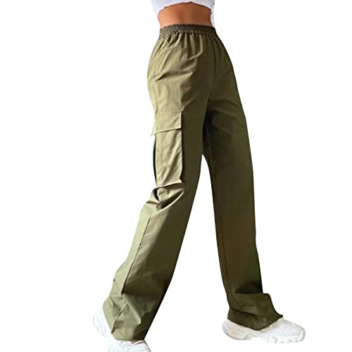 Cargohose Damen Y2K High Waist Hip Hop Freizeithose Lockere Weite Hose Teenager Mädchen Streetwear Bequeme Cargo Hosen Arbeitshose mit Taschen (Army Green, L) von ZhungZaoh