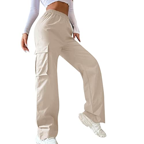 Cargohose Damen Y2K High Waist Hip Hop Freizeithose Lockere Weite Hose Teenager Mädchen Streetwear Bequeme Cargo Hosen Arbeitshose mit Taschen (Beige, M) von ZhungZaoh