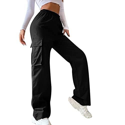 Cargohose Damen Y2K High Waist Hip Hop Freizeithose Lockere Weite Hose Teenager Mädchen Streetwear Bequeme Cargo Hosen Arbeitshose mit Taschen (Black, XS) von ZhungZaoh