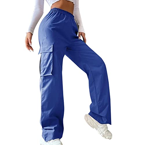 Cargohose Damen Y2K High Waist Hip Hop Freizeithose Lockere Weite Hose Teenager Mädchen Streetwear Bequeme Cargo Hosen Arbeitshose mit Taschen (Blue, M) von ZhungZaoh
