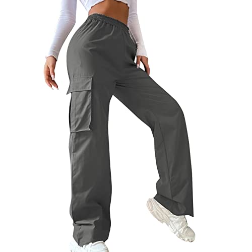 Cargohose Damen Y2K High Waist Hip Hop Freizeithose Lockere Weite Hose Teenager Mädchen Streetwear Bequeme Cargo Hosen Arbeitshose mit Taschen (Dark Gray, XS) von ZhungZaoh