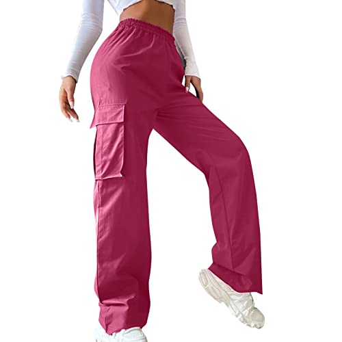 Cargohose Damen Y2K High Waist Hip Hop Freizeithose Lockere Weite Hose Teenager Mädchen Streetwear Bequeme Cargo Hosen Arbeitshose mit Taschen (Hot Pink, XS) von ZhungZaoh