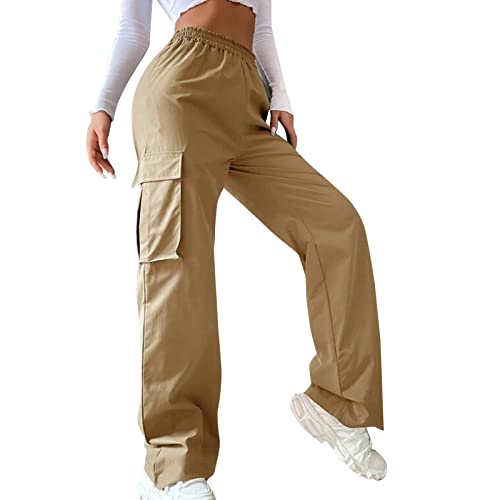 Cargohose Damen Y2K High Waist Hip Hop Freizeithose Lockere Weite Hose Teenager Mädchen Streetwear Bequeme Cargo Hosen Arbeitshose mit Taschen (Khaki, S) von ZhungZaoh