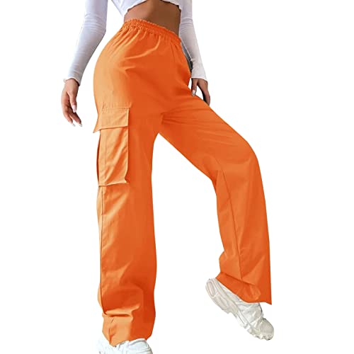 Cargohose Damen Y2K High Waist Hip Hop Freizeithose Lockere Weite Hose Teenager Mädchen Streetwear Bequeme Cargo Hosen Arbeitshose mit Taschen (Orange, XL) von ZhungZaoh