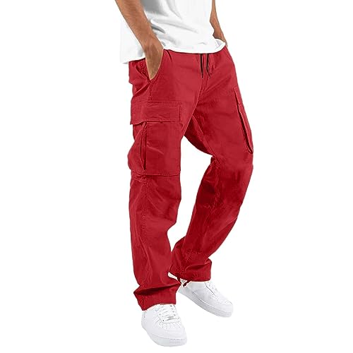 Jogginghose Herren Cargohose Baggy Sweatpants Baumwolle Elastische Taille Jogging Hose Weites Bein Sporthose Lang Sweat Pants Regular Fit Rangerhose Breite Sweathose mit Taschen (01-Red, XXL) von ZhungZaoh