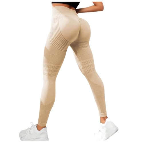 Leggings Damen Blickdicht Sport Leggings Damen Anti Cellulite Leggings Kompressions Lang Blickdicht Yoga Leggins Push Up Scrunch Sporthose Yogahose Fitnesshose mit Hohe Taille(01-Beige, XL) von ZhungZaoh
