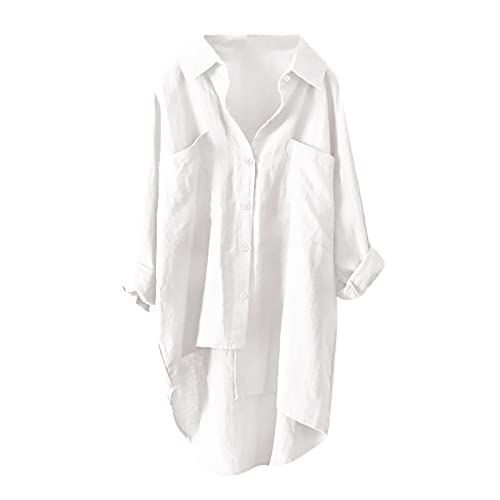 Musselin Bluse Damen Sommer Elegant Leinenbluse Button-Down Übergröße Longbluse Atmungsaktive Tops Große Größen Asymmetrische Tunika Herbst Lose Lässige Langarmshirts (A001-White, XL) von ZhungZaoh