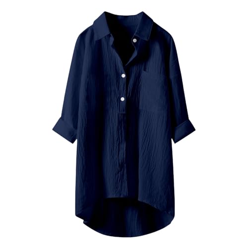 Musselin Bluse Damen Sommer Elegant Leinenbluse Button-Down Übergröße Longbluse Atmungsaktive Tops Große Größen Asymmetrische Tunika Herbst Lose Lässige Langarmshirts (Navy, L) von ZhungZaoh
