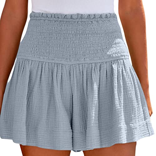 Musselin Shorts Damen Sommer High Waist Kurz Hosenrock Freizeit Strandshorts Leicht Kurze Hose mit Taschen Ruffle Sweatshorts Stoffhose Elastisch Sommershorts Culottes Sweatpants (Hellblau, M) von ZhungZaoh