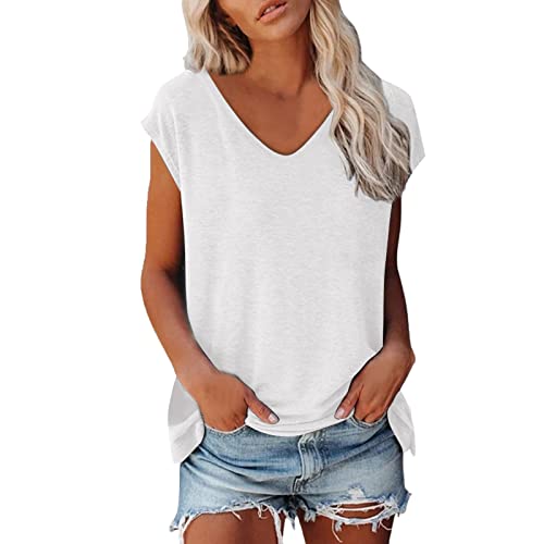 Damen Tshirt Elegant ärmellose Tops V Ausschnitt Shirt Oberteil Sommer Kurzarm T Shirt Casual Locker Baumwolle Basic Blusen von ZhungZaoh