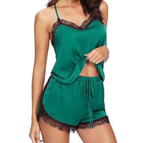 Satin Schlafanzug Damen Kurz Pyjama Kurzarm Sommer Nachtwäsche Set Zweiteiliger kurz Sommer mit Sexy V-Ausschnitt Cami und Shorts Pyjamas Set Top Loungewear Sleepw Home Set von ZhungZaoh