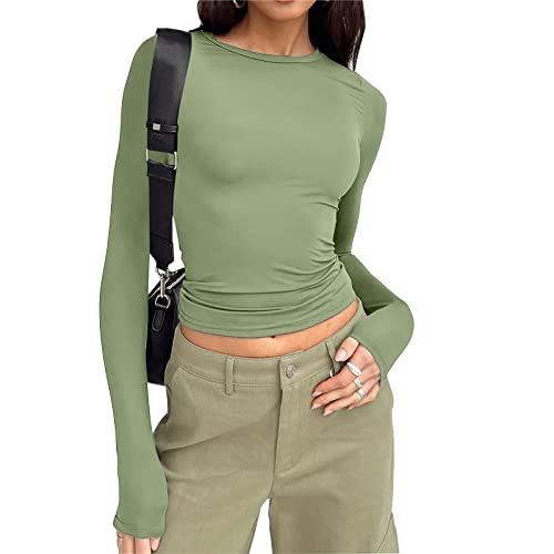 Skims Dupe Langarmshirt Damen Slim Fit Y2K Clothes Rundhals Langarm T Shirt Vintage Sexy Crop Tops Aesthetic Bluse Casual Oberteile Basic Longsleeve Damen Teenager Streetwear(03-Green, M) von ZhungZaoh