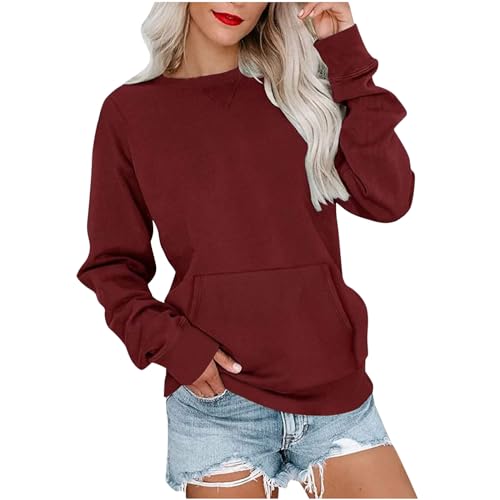 ZhungZaoh Sweatshirt Damen Langarm Pullover Rundhals Langarmshirt Herbst Winter Pulli Einfarbige Shirts Baumwolle Casual Langarm Oberteile Bluse Tops mit Taschen (L) von ZhungZaoh